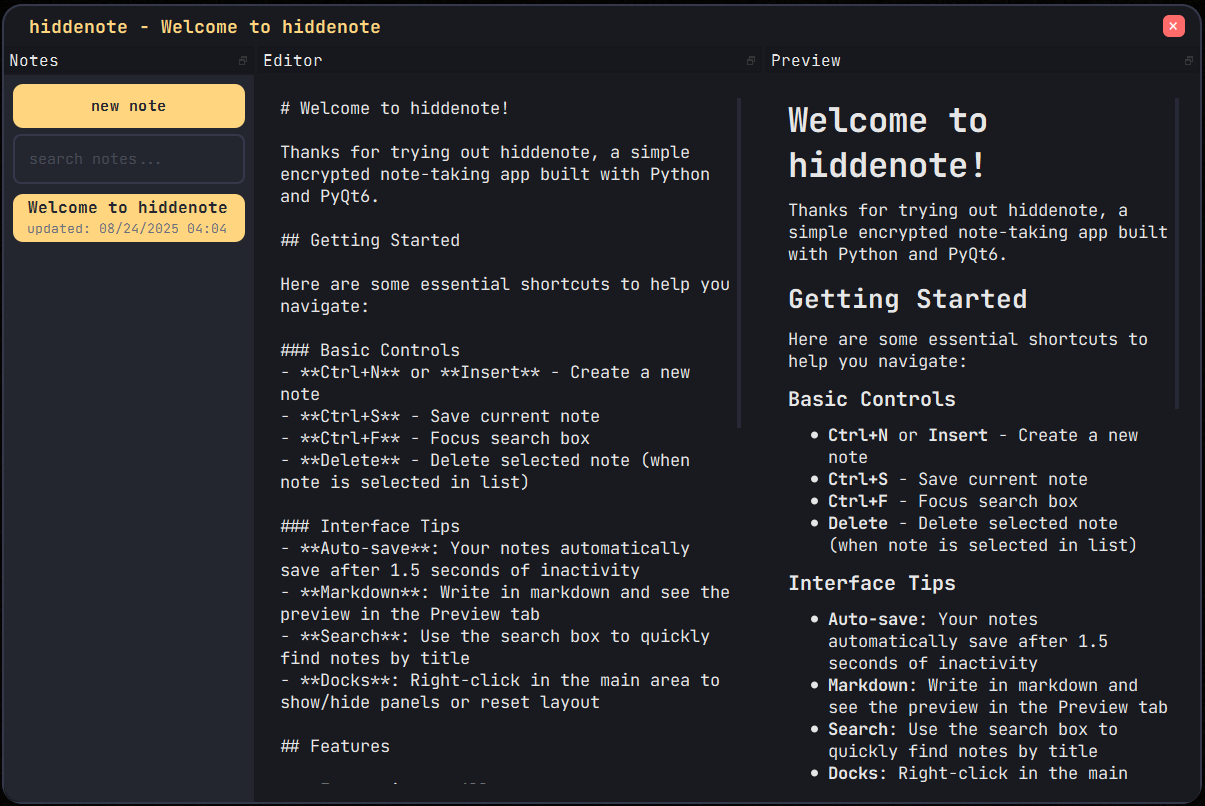 Hiddenote Markdown editor with rendered preview